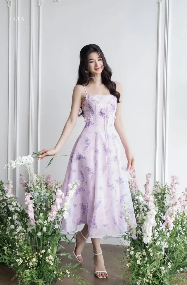 เดรสดอกไม้สีม่วงหวานละมุนสไตล์เจ้าหญิง Long Dress