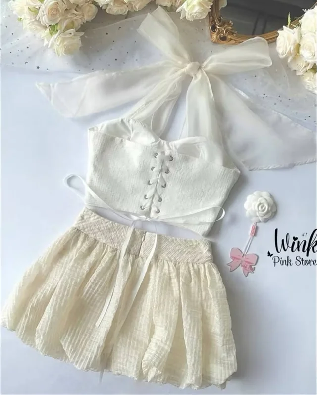 Bellin Closet Halter Top  Ruffled Mini Skirt Set ชุดเวียดนาม thumbnail 5