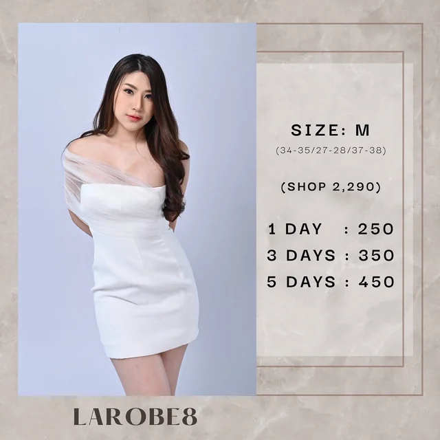 LAROBE8 เดรสสั้นเกาะอกแต่งผ้าซีทรู Off Shoulder Mini Dress