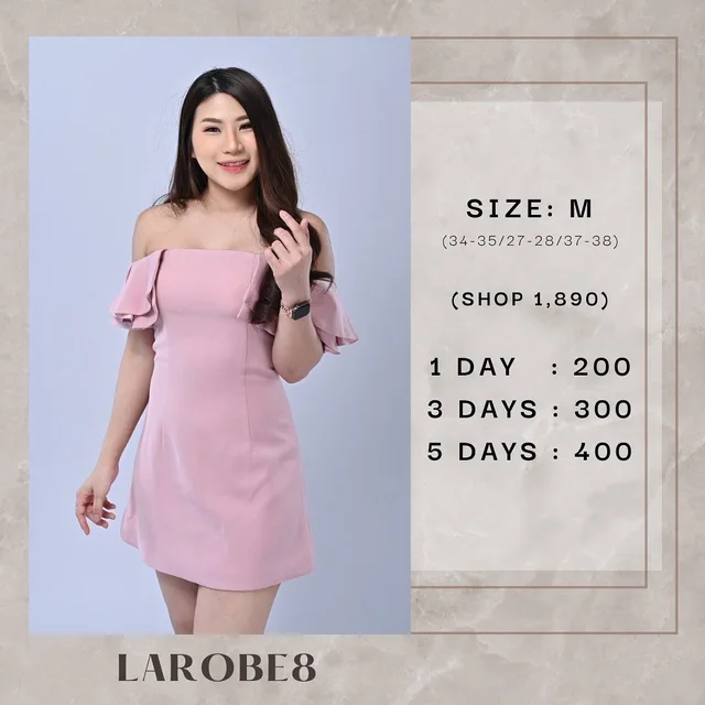 เดรสสั้น LAROBE8 ปาดไหล่แขนระบายสีชมพู Short Dress