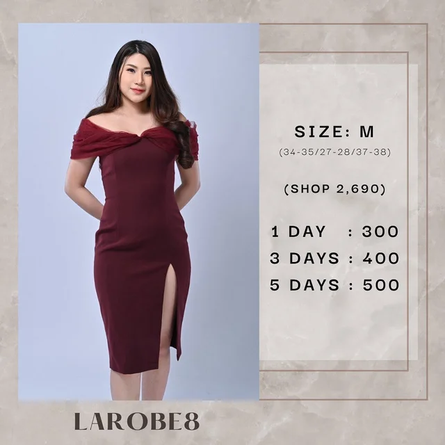 เดรสราตรี LAROBE8 ปาดไหล่สีแดงเข้ม Short Dress