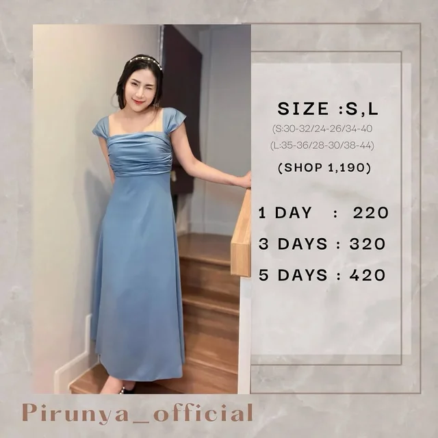 Midi Dress แขนสั้นพลีท สีฟ้าอมเทา Pirunya official