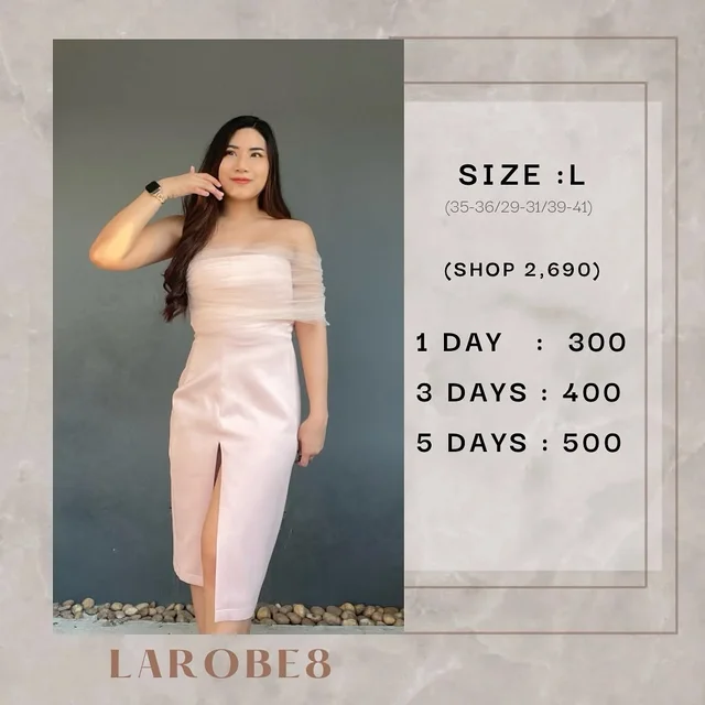 LAROBE8 เดรสสั้นปาดไหล่ซีทรูสีชมพูShort Dress