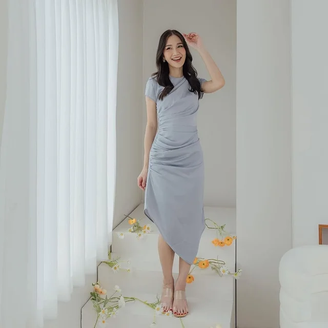 Thea Blue Ruched Midi Dress by Firrr official thumbnail 2