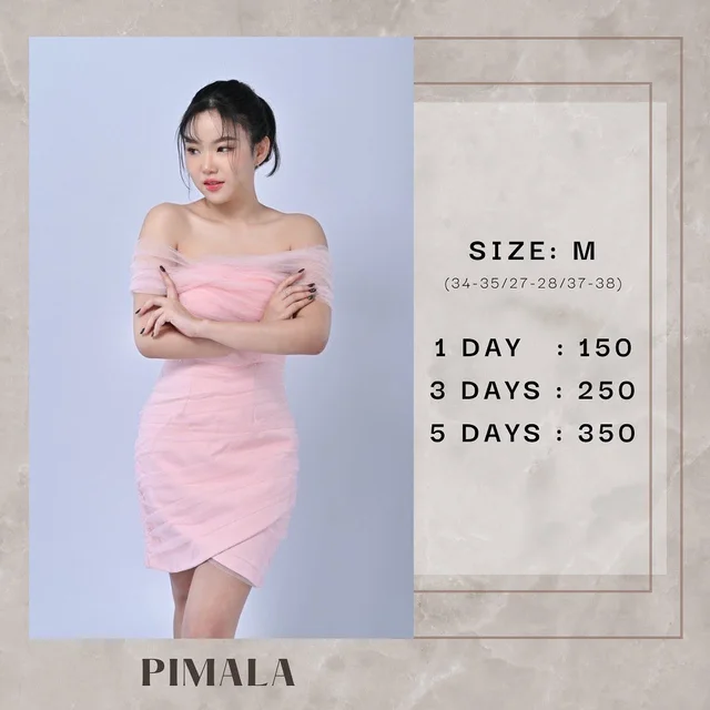 เดรสสั้น PIMALA ปาดไหล่ผ้าโปร่งสีชมพู – Short Dress (Size M)
