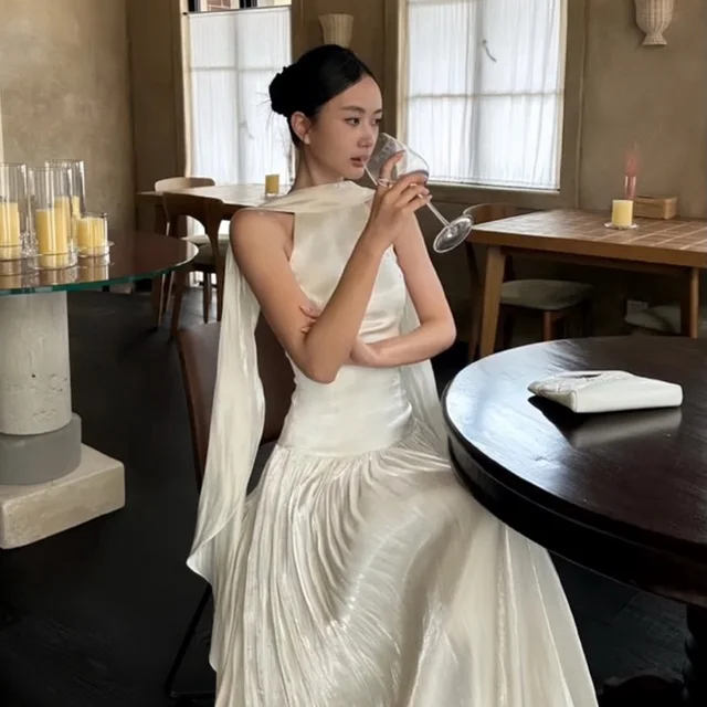 YUANLI SELECT TW เดรสยาวสีขาวงาช้างผูกโบว์หลังลุคหรูหวานดูแพง thumbnail 6