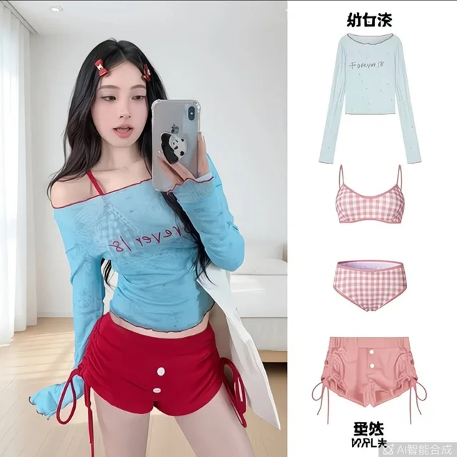 เซ็ตเสื้อซีทรูสีฟ้ากางเกงขาสั้นสีแดง thumbnail 2