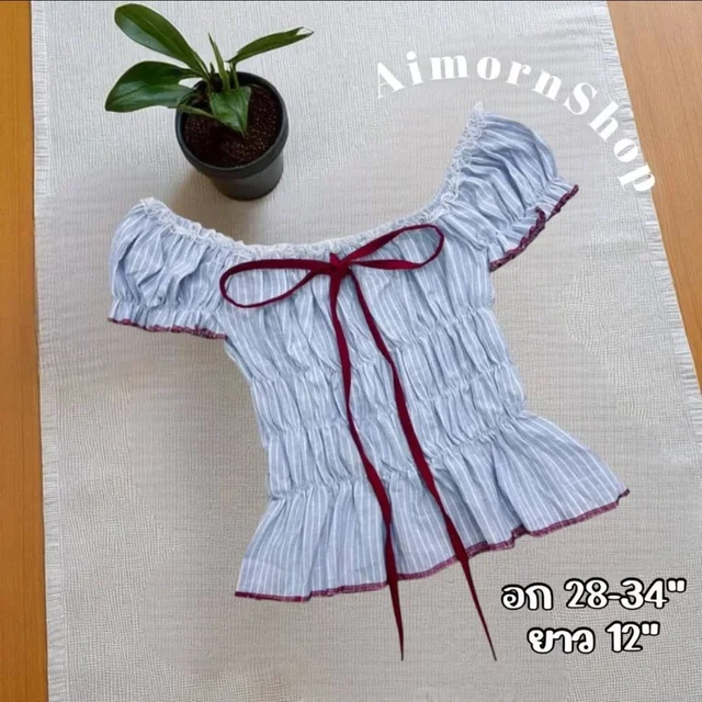 เสื้อครอปแขนตุ๊กตาสีฟ้าโบว์แดง thumbnail 3