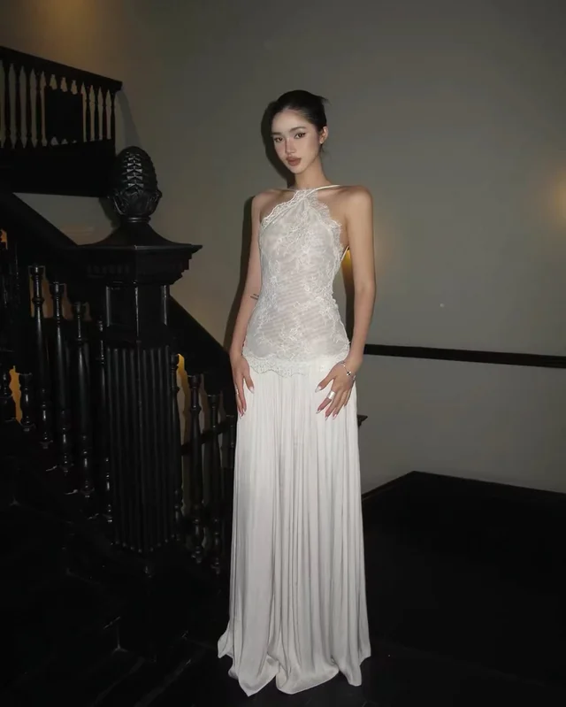 ROVENTE Embroidered Lace Halter Dress ชุดเวียดนาม Size M thumbnail 5