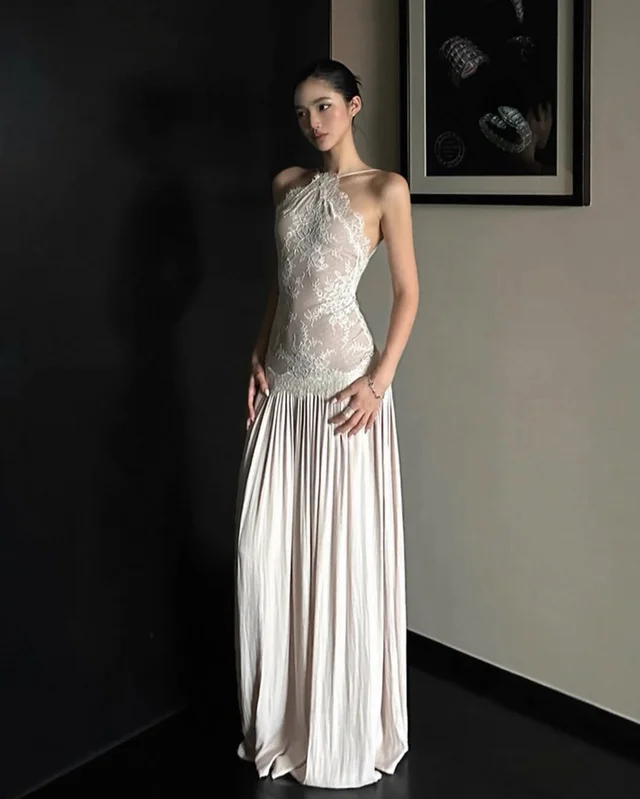 ROVENTE Embroidered Lace Halter Dress ชุดเวียดนาม Size M thumbnail 6