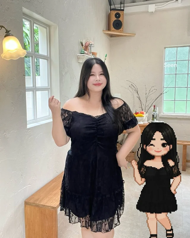 เดรสลูกไม้สีดำ linda plus 1
