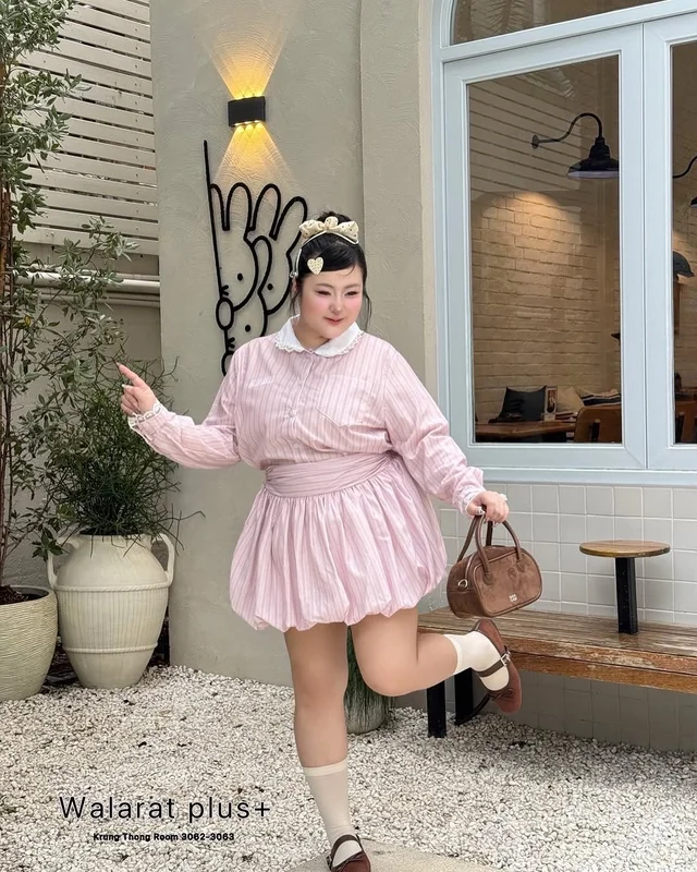 Walarut ชุดเดรสแขนยาวลายทางสีชมพู thumbnail 2