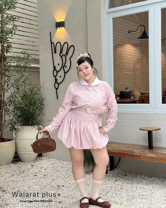 Walarut ชุดเดรสแขนยาวลายทางสีชมพู thumbnail 6