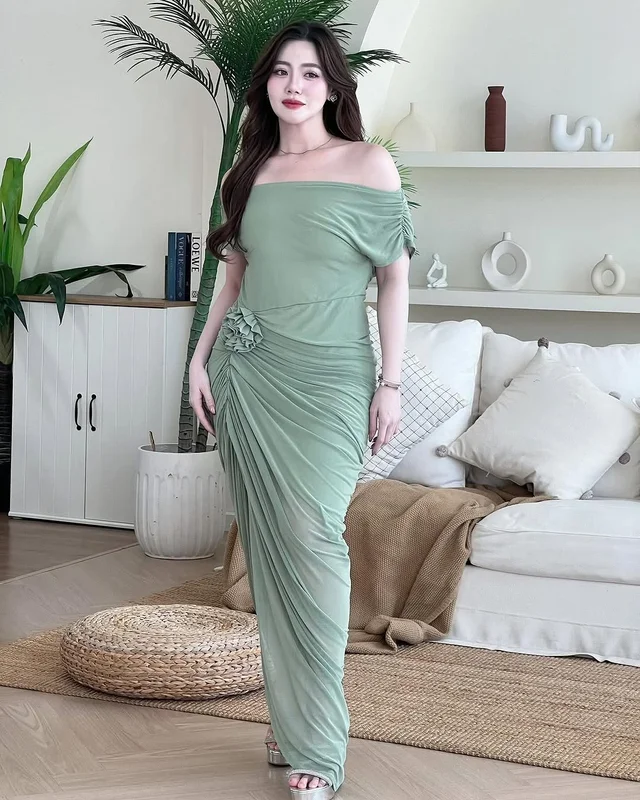 BBW Dress เดรสออกงานสีเขียวตุ่น Long Dress Plus Size thumbnail 4