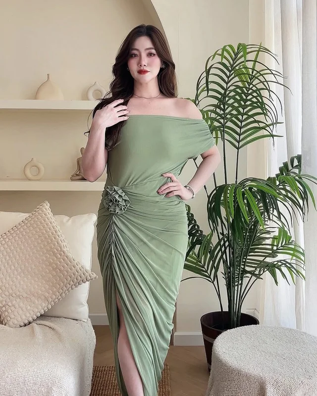 BBW Dress เดรสออกงานสีเขียวตุ่น Long Dress Plus Size thumbnail 2