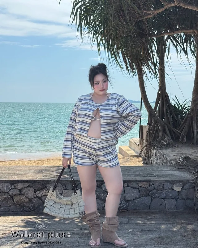 ชุดเซ็ต WALARAT PLUS ลายริ้ว บิกินี่ เสื้อคลุม กางเกงขาสั้น thumbnail 4