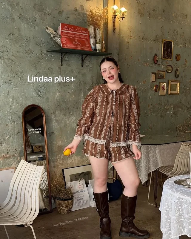 LINDA PLUS ชุดเซ็ตลายทางวินเทจ Plus Size thumbnail 3