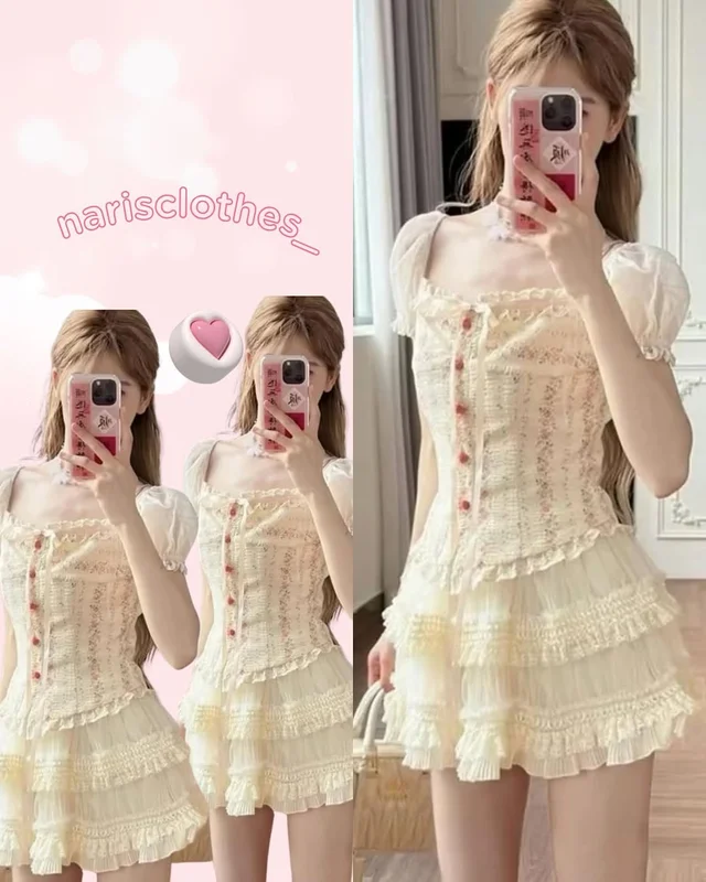 ชุดเซ็ต Narisclothes เสื้อครอปแขนพองและกระโปรงระบาย
