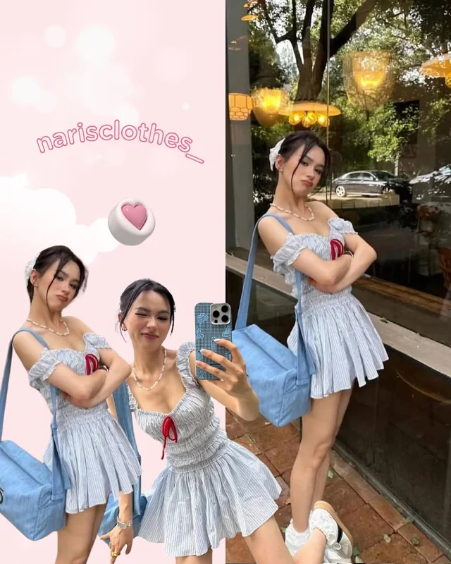 เดรสสั้นลายทางสีฟ้า ชุดเวียดนาม