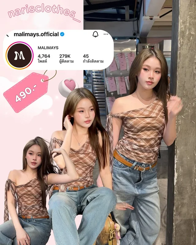 malimays official Scott Bow Top เสื้อลายสก็อตผูกโบว์ ชุดเวียดนาม Free Size