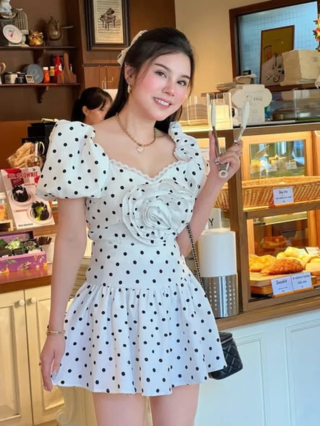 R R เดรสสั้นลายจุดแขนพอง Size L XL thumbnail 3