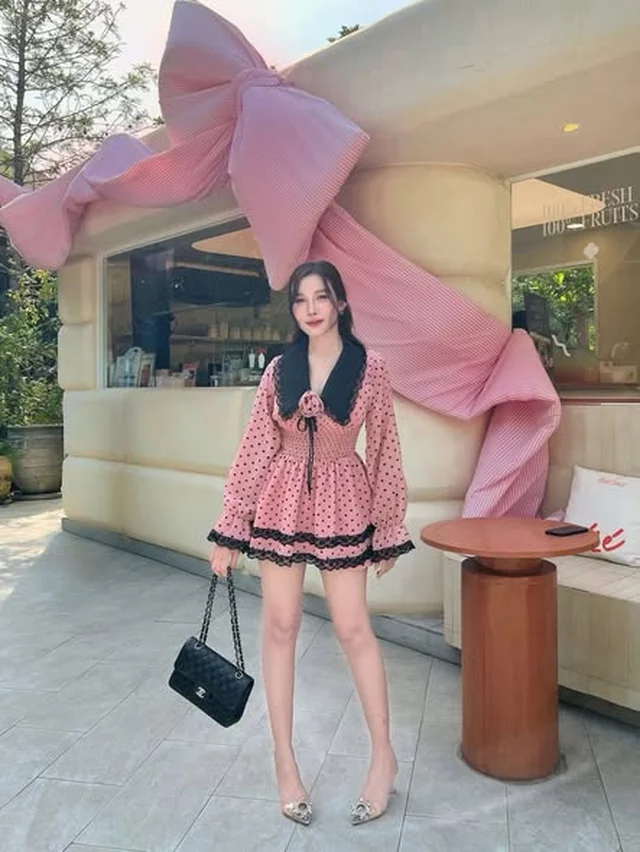 JIDAPA Style ชุดเดรสลายจุดชมพู Size L ชุดเวียดนาม thumbnail 4