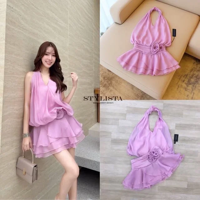 เซ็ตสายเดี่ยวผูกคอ กระโปรงบาน สีม่วง Size L thumbnail 4