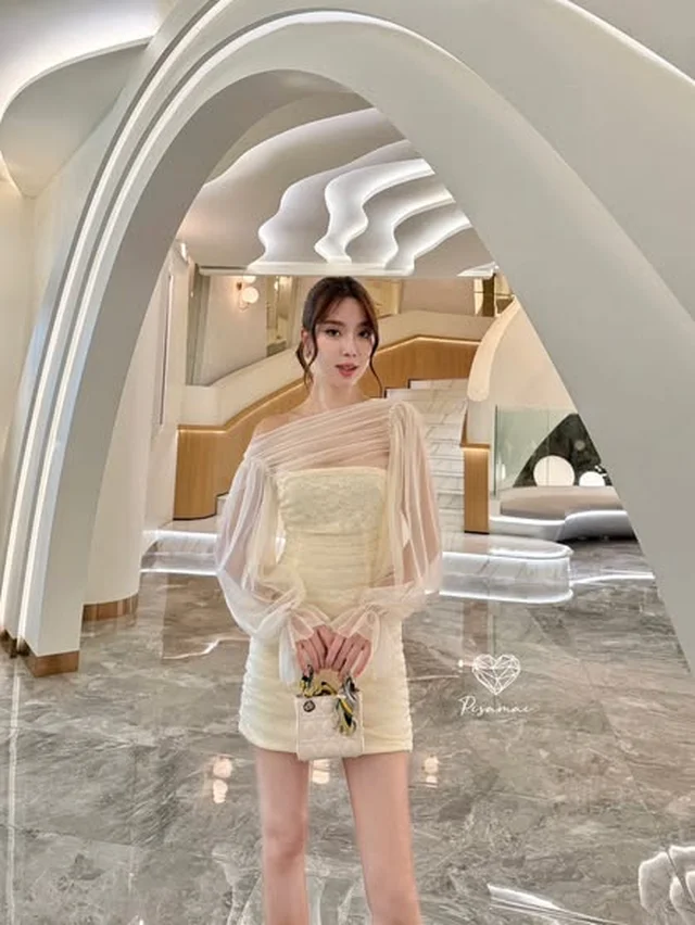 Pisamai เดรสเกาะอกแต่งผ้าแก้วแขนพอง Size S M L thumbnail 4