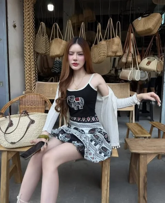 JIDAPA ชุดเซ็ตเสื้อครอปและกระโปรงบอลลูนลายช้าง Size M L (alternate)