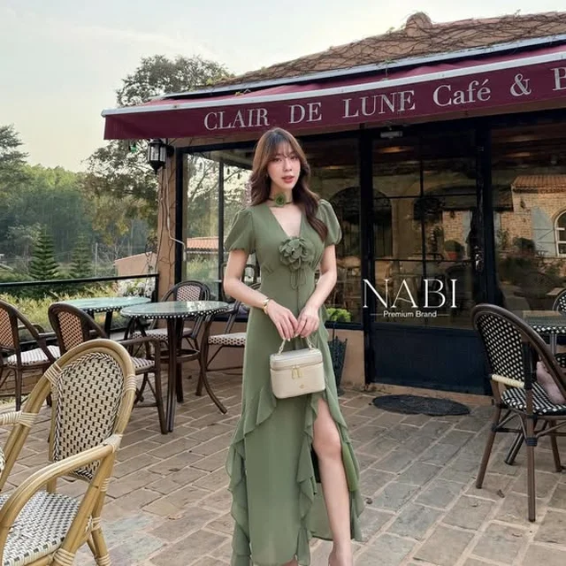 NABI BRAND เดรสยาวคอวีแขนตุ๊กตาแต่งระบาย thumbnail 2