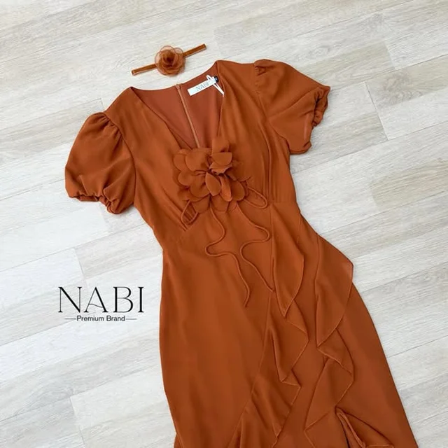 NABI เดรสยาวทรงคอวี แขนตุ๊กตา สีส้ม thumbnail 3
