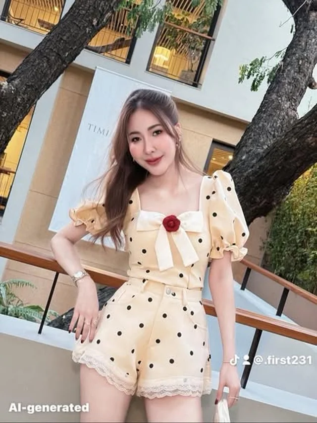 A PERFECT ชุดเซ็ตเสื้อแขนพัฟและกางเกงขาสั้นลายจุด Size L thumbnail 3