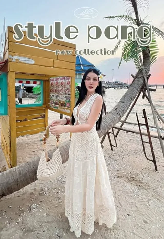 style pang ชุดเซ็ตเสื้อถักครอปและกระโปรงยาวลายปัก ครีม thumbnail 2