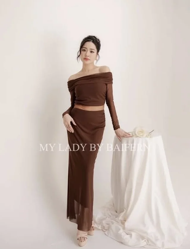 My Lady By Baifern ชุดเซ็ตเสื้อปาดไหล่กับกระโปรงยาวสีน้ำตาล thumbnail 5