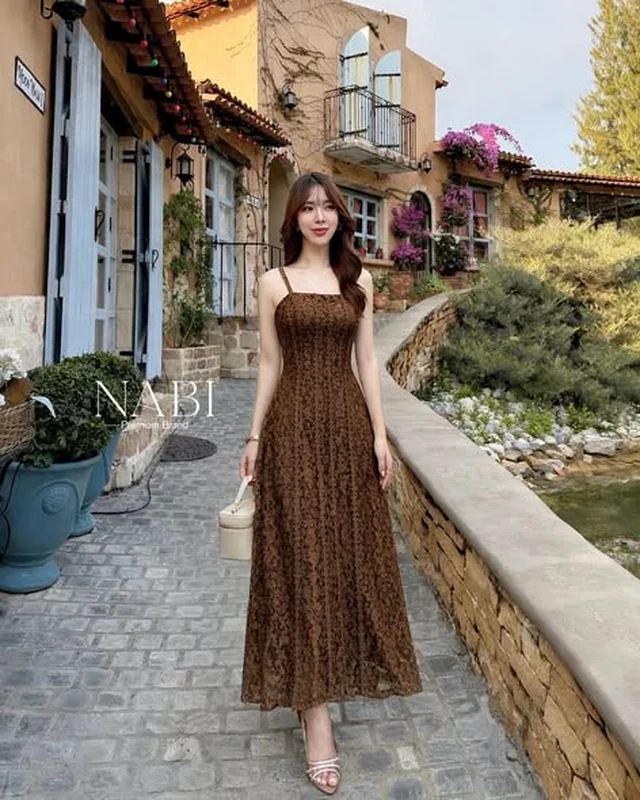 เดรสยาว NABI สายเดี่ยวลายลูกไม้สีน้ำตาล Size S XL thumbnail 3