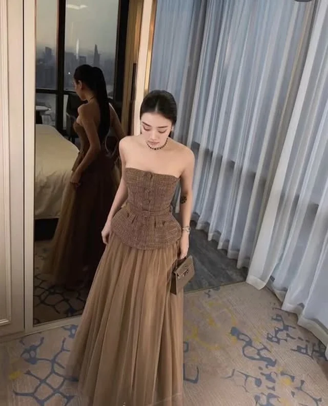 เดรสยาวเกาะอกทูโทนกระโปรงผ้าโปร่ง Size M L thumbnail 4