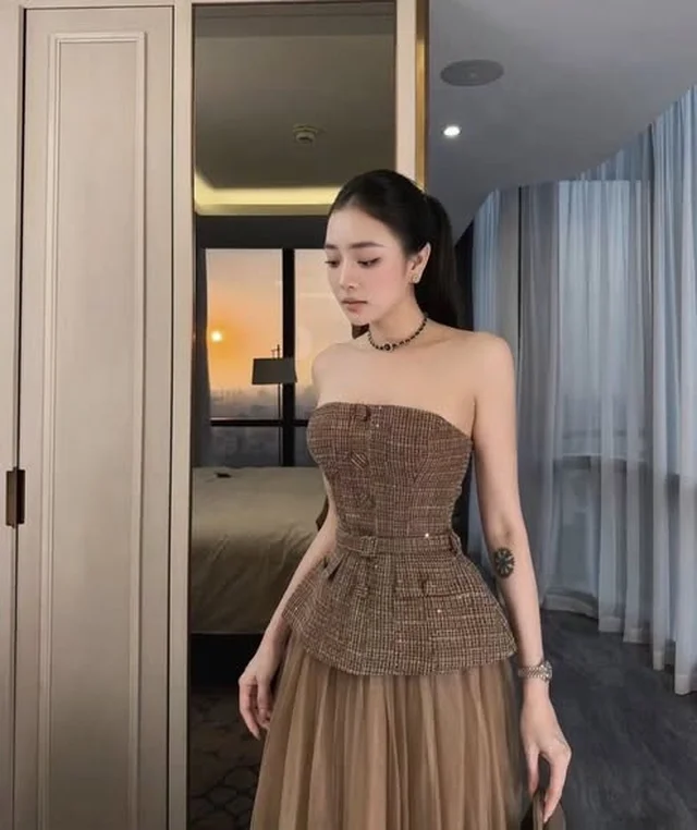 เดรสยาวเกาะอกทูโทนกระโปรงผ้าโปร่ง Size M L thumbnail 5