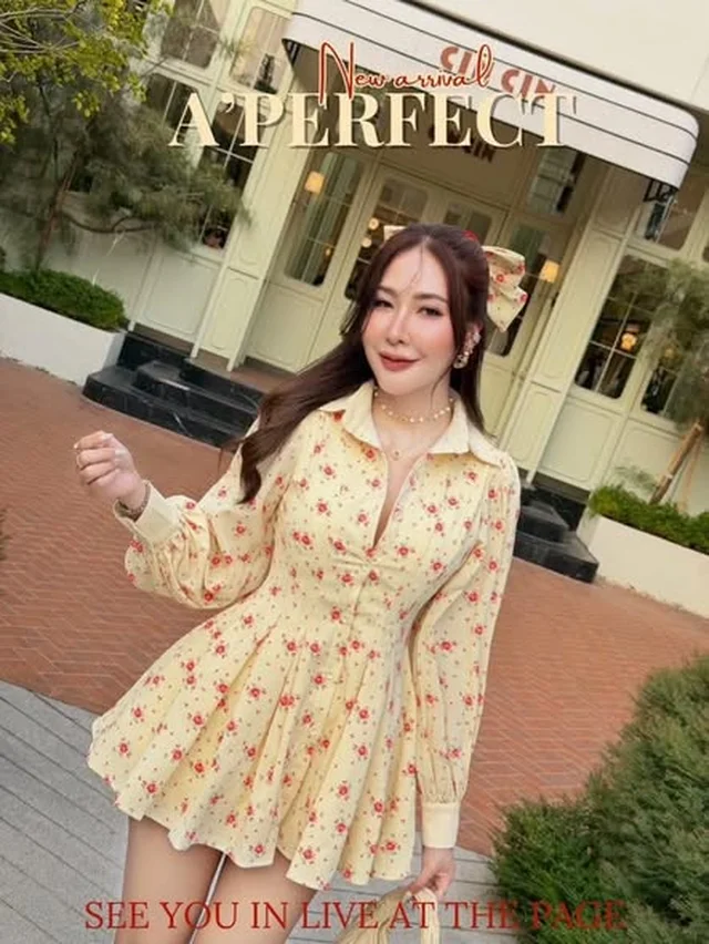 ชุดเดรสสั้นลายดอกไม้สีเหลือง Size L thumbnail 2