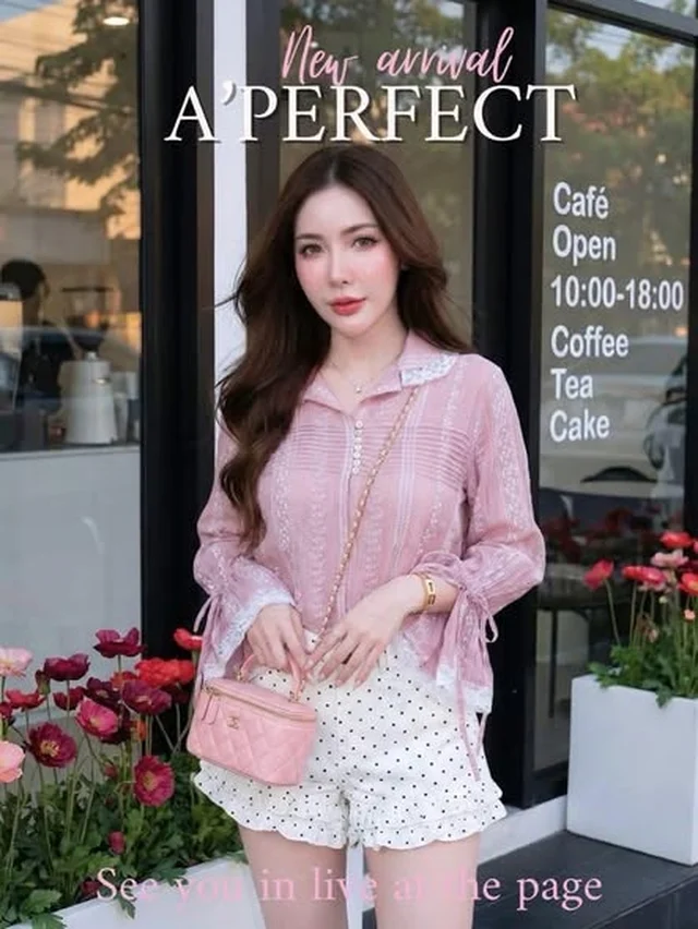 ชุดเซ็ตเสื้อเชิ้ตชมพูและกางเกงขาสั้นลายจุด A PERFECT Size L (alternate)