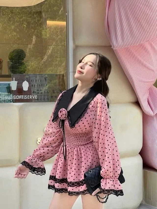 ชุดเดรสสั้น JIDAPA ลายจุดชมพู Size L thumbnail 3