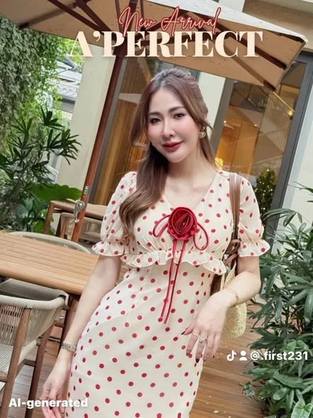 เดรสยาว A Perfect ลายจุดสีครีมแต่งดอกกุหลาบแดง thumbnail 2