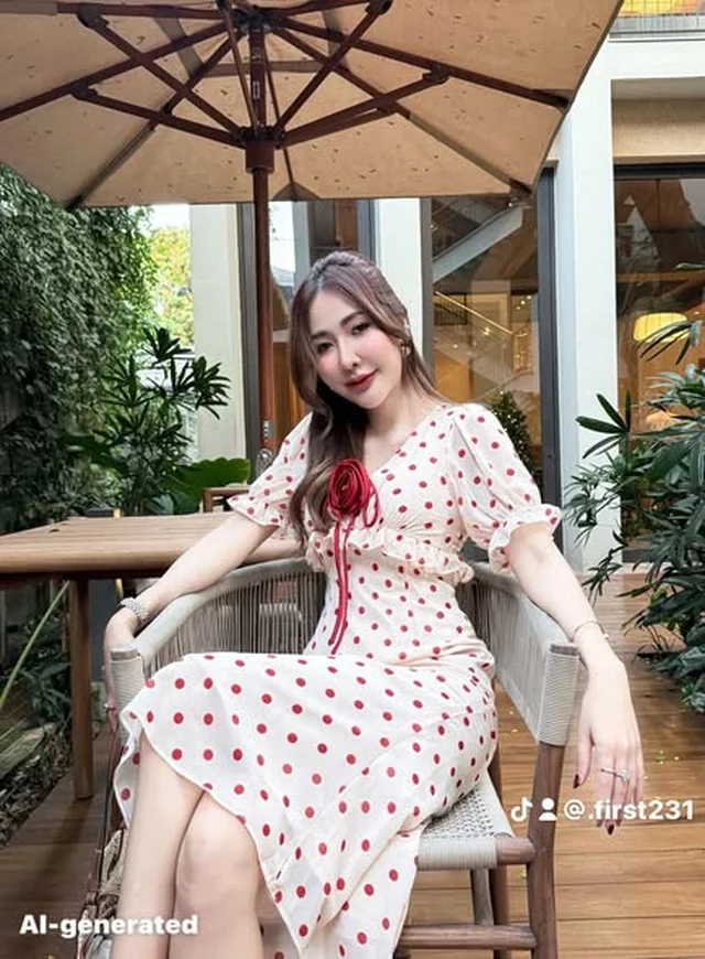 เดรสยาว A Perfect ลายจุดสีครีมแต่งดอกกุหลาบแดง thumbnail 3