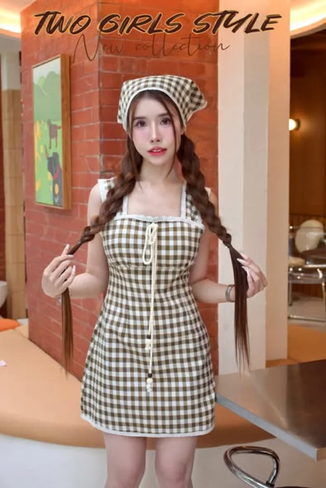เดรสสั้นลายตารางพร้อมผ้าผูกผม Two Girls Style 1