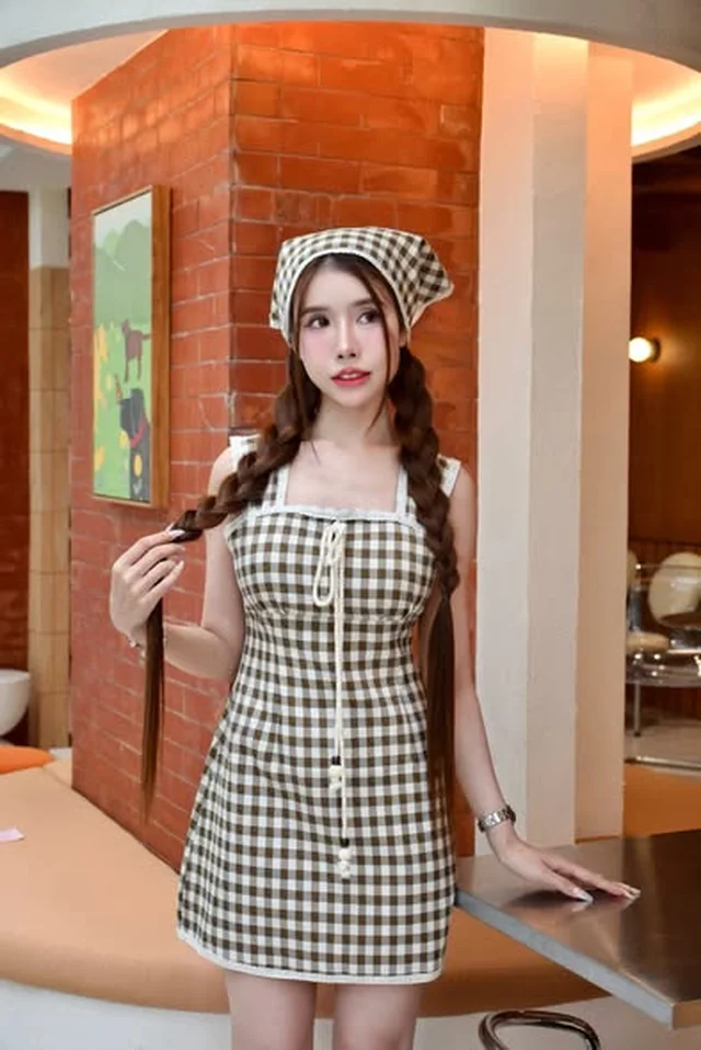 เดรสสั้นลายตารางพร้อมผ้าผูกผม Two Girls Style thumbnail 2