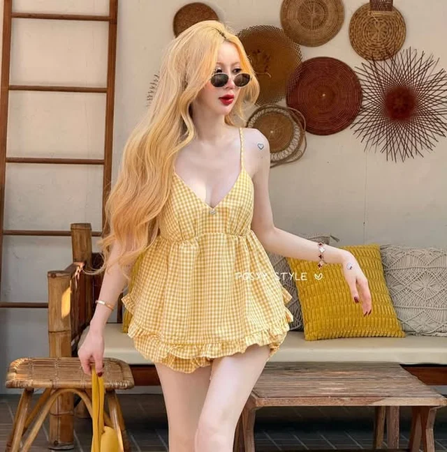 POSYY STYLE ชุดเซ็ตสก็อตเหลือง Freesize L thumbnail 5