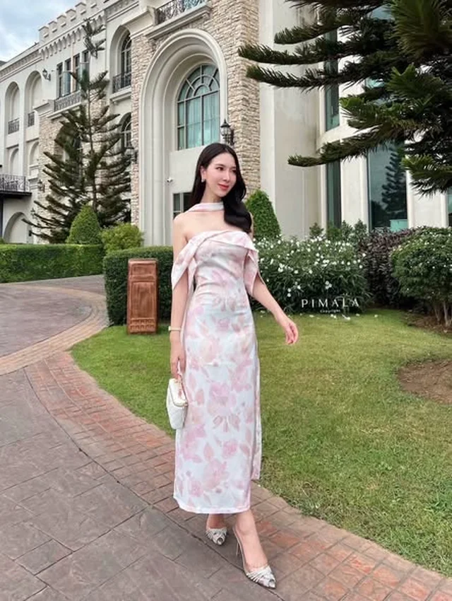 ชุดเดรสยาว Pimala ลายดอกไม้ชมพู Size M thumbnail 3