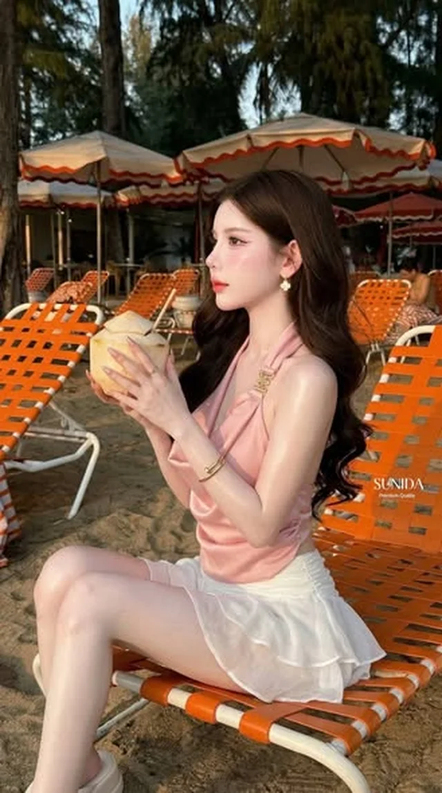 SUNIDA BRAND ชุดเซทเสื้อคอถ่วงซาตินชมพูและกระโปรงขาว Size L thumbnail 4