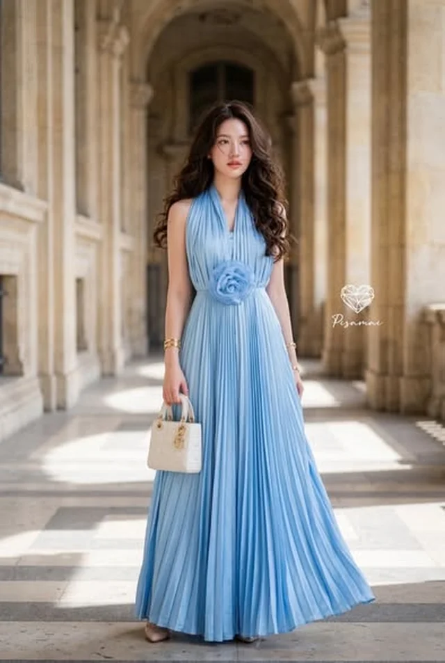 PISAMAI เดรสคล้องคอพลีต สีฟ้า Long Dress thumbnail 2