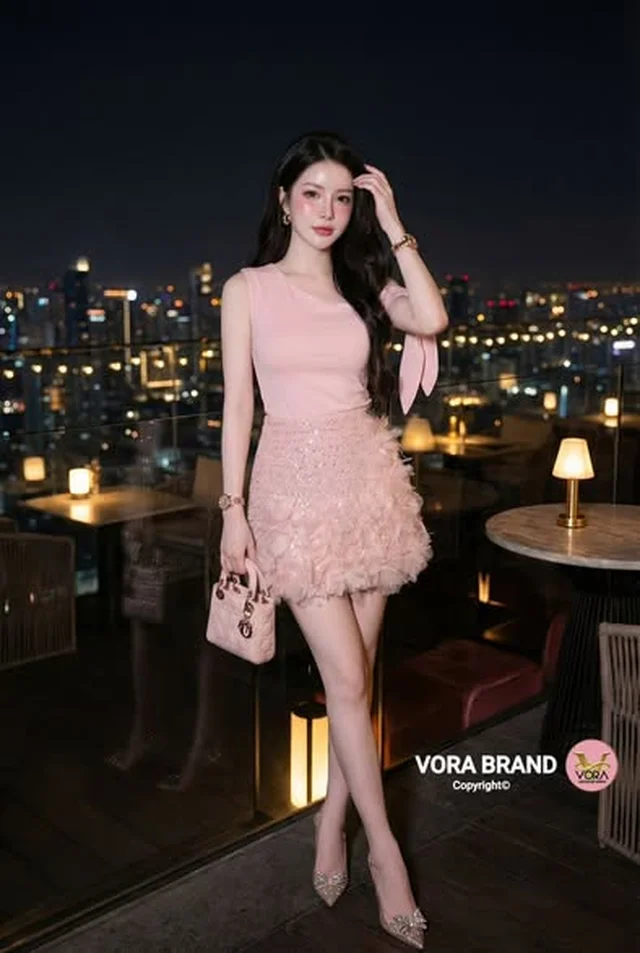 VORA BRAND ชุดเซ็ตเสื้อปาดไหล่และกระโปรงระบาย ชมพู thumbnail 3