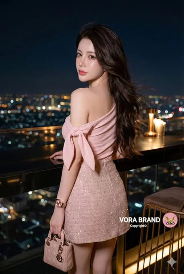 VORA BRAND ชุดเซ็ตเสื้อปาดไหล่และกระโปรงระบาย ชมพู thumbnail 2